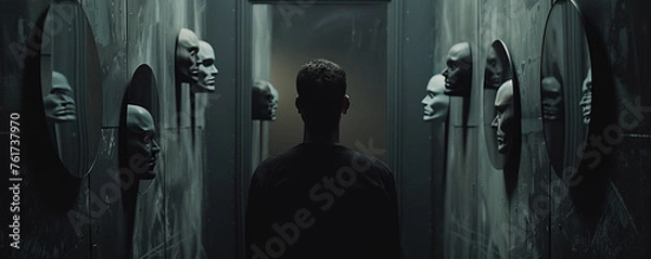 Fototapeta A man in a dimly lit room faces reflected in mirrors around him each mirror showing him wearing a different mask This complex scene symbolizes the multifaceted