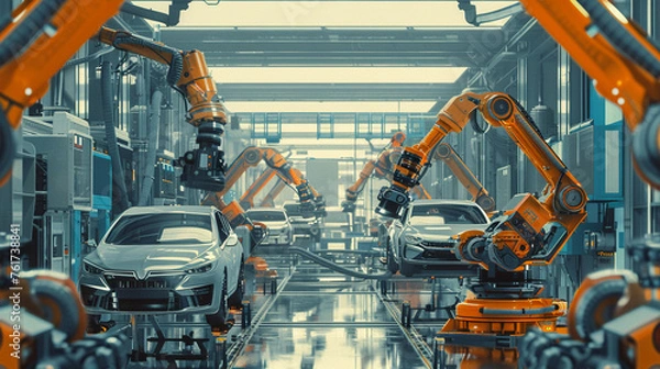 Fototapeta Modern automated manufacturing line in an automobile factory Background assembly line with robotic arms and vehicles Colors industrial blues and grays metallic sheens Created Using industrial