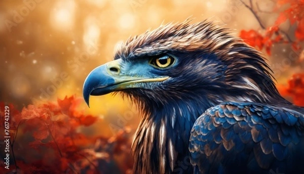 Obraz  a close up of a bird of prey in front of a background of trees and leaves with red and yellow leaves.