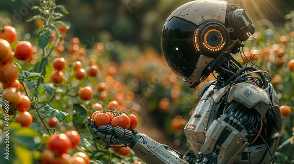 Obraz humanoid robot checking and harvesting tomatoes