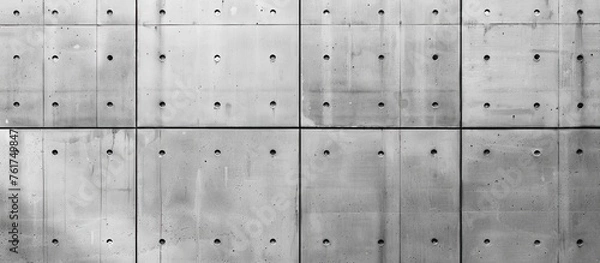 Fototapeta A close up shot of a rectangular concrete wall with symmetrical holes in a monochrome photography style, creating an interesting pattern resembling art