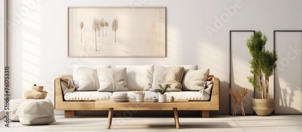 Fototapeta A cozy living room in a house with hardwood flooring, featuring a wood coffee table, a rectangular picture frame, and a studio couch for events