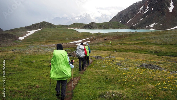 Fototapeta hiking adventure in the Elbrus region national park, located in the Caucasus. hike to Lake Syltrankol