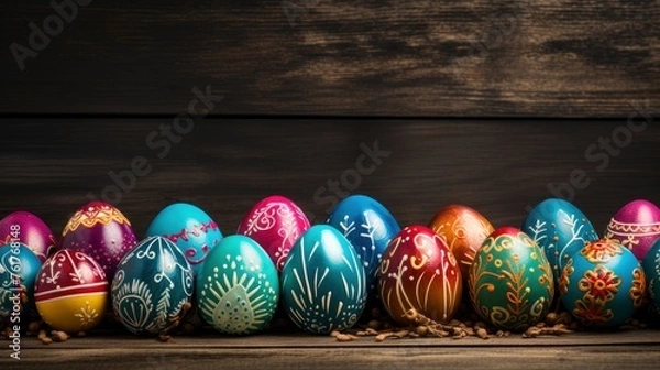 Fototapeta Easter eggs on wooden background - generative ai