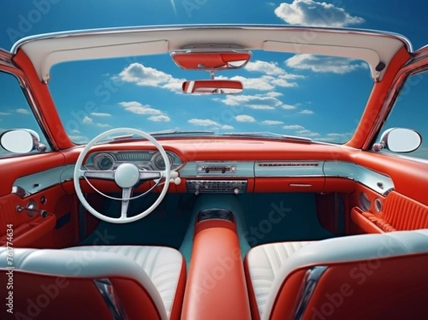 Obraz View of a bright blue sky seen through the windshield of a 1950s automobile with red and white vinyl upholstery. From the series “Cosmic Living."