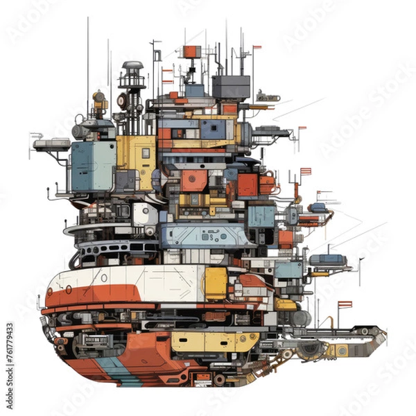 Obraz Ship composed of scrap robots. 2D vector. White background.