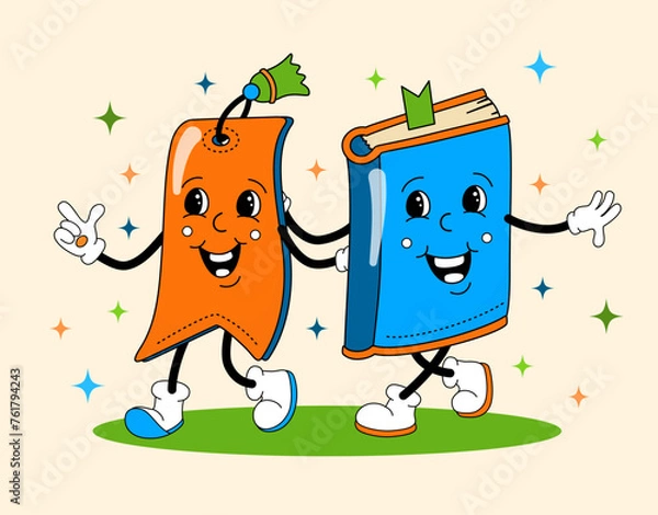 Fototapeta Comic flat Book with face and bookmark on decorated background. Vector cartoon stationery illustration in retro style. Vintage image of school supply character with smile for advertising or banner
