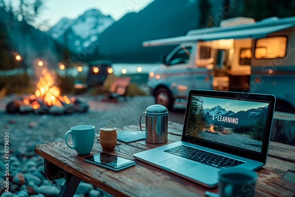Fototapeta The image captures a serene outdoor e-learning environment with a laptop on a wooden picnic table, coffee mugs, and a campfire, against the backdrop of a camper van and mountain scenery at dusk.