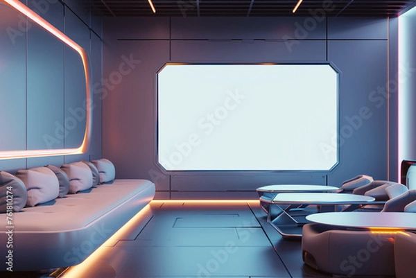Fototapeta A futuristic pod-style apartment with modular furniture and LED lighting, highlighting an empty wall for a customizable digital display.