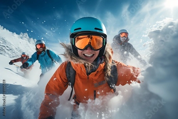 Fototapeta Group of skiers having fun in the snow against blue sky with clouds