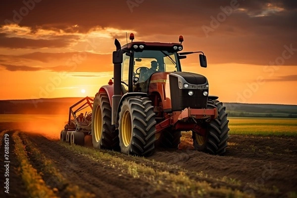 Fototapeta Tractor with a sprayer on a field at sunset. Agricultural machinery.