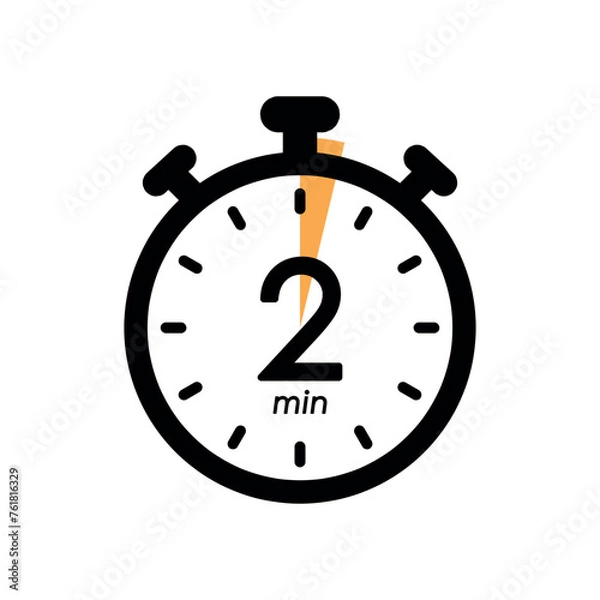 Fototapeta two minutes stopwatch icon, timer symbol, cooking time, cosmetic or chemical application time, 2 min waiting time vector illustration