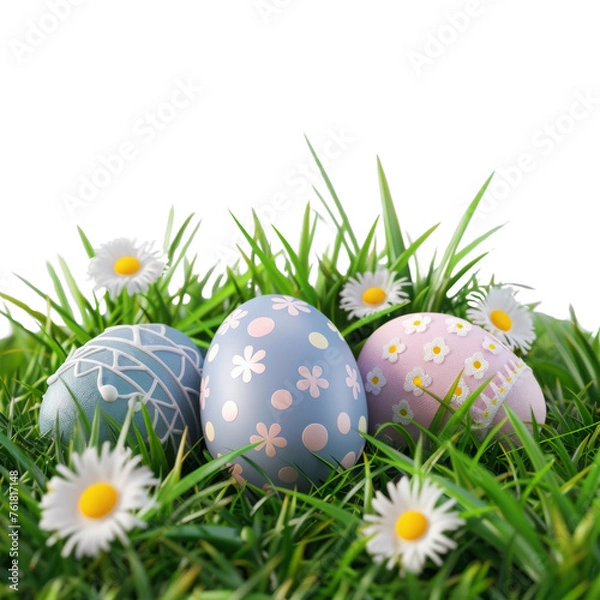 Fototapeta 3d Realistic Easter Day, three colored eggs on green grass