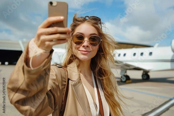 Fototapeta A stylish young woman with sunglasses takes a selfie with a luxurious private jet in the background at an airfield