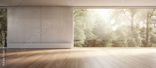 Obraz An empty room with hardwood flooring, a large window with brown tints and shades, showcasing the trees outside. The woodstained fixture adds warmth to the building