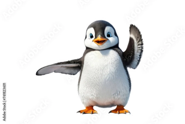 Fototapeta Single happy penguin waving, full body, isolated, white background, stock photography, high quality, smiling expression, positioned center frame, sharp focus, soft shadow beneath, ultra clear