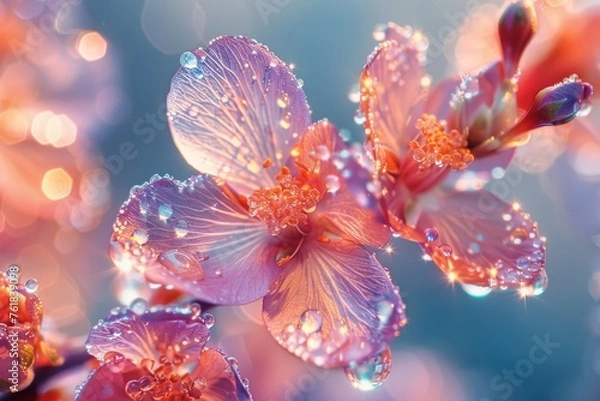 Fototapeta Dew-kissed flowers in vibrant macro photography. Exquisite flora with water droplets under bokeh light. Macro shot capturing the delicate beauty of dew on petals.