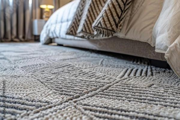 Fototapeta Close up view of contemporary and stunning carpet with graphic pattern in bedroom