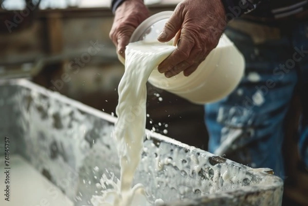 Fototapeta Farmer pouring raw milk into container