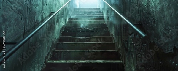 Fototapeta Mysterious staircase leading upwards with a foggy ambiance