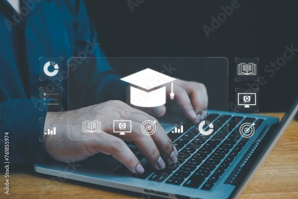 Fototapeta E-learning education, Concept of Online education. e-learning education concept, learning online with webinar. Digital courses to develop new skills. internet lessons, Education internet Technology.