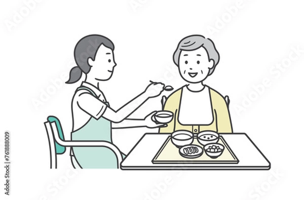 Obraz 食事介助をする介護士と高齢女性のイラスト