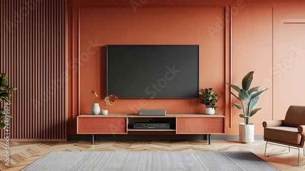Fototapeta Interior mock up living room. cabinet for TV or place object in modern living room with lamp,table,flower and plant