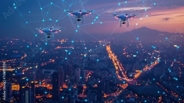 Fototapeta In the fading light of dusk, drones survey a sprawling cityscape veiled in mist, hinting at the intersection of technology and urban life.