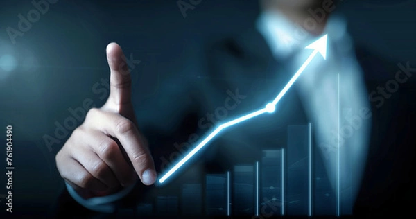 Fototapeta Businessman Interacting with Glowing Growth Arrow on Virtual Screen. Development and growth concept.