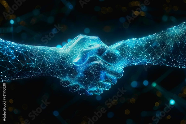 Fototapeta Powerful handshake, background business digital format in abstract technology of the future.