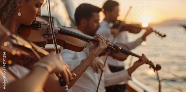 Fototapeta The tranquil waters around the yacht serve as the perfect backdrop for a musical ensemble who are skillfully plucking strings and blowing wind instruments to produce a symphony