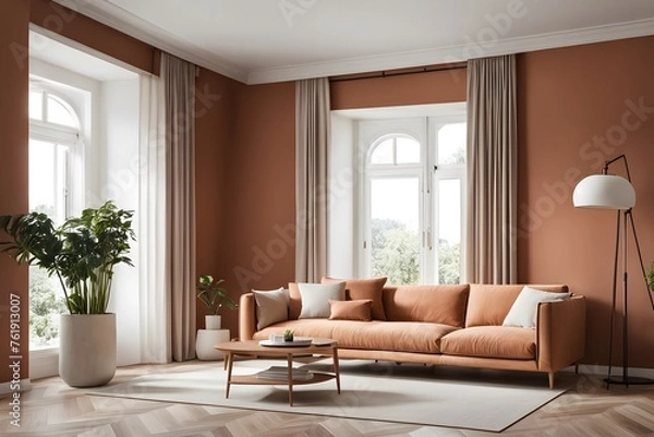 Obraz Stylish Scandinavian Home: Terra Cotta Sofa & French Window in Living Room