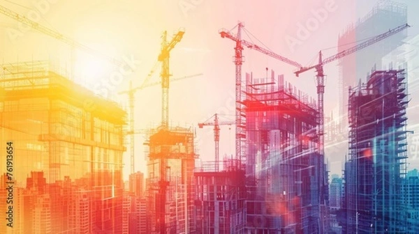 Fototapeta Futuristic building construction project with engineering and technology overlay, symbolizing progress and innovation in civil infrastructure, double exposure graphic design