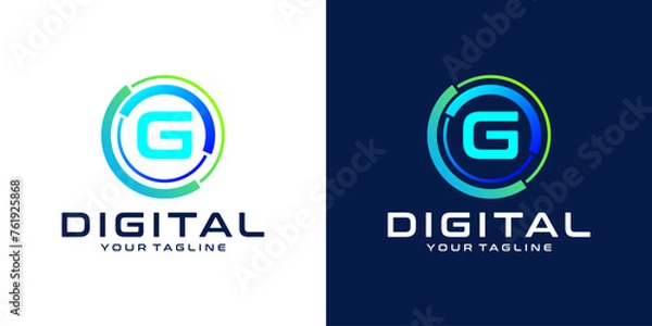 Fototapeta letter G logo design template technology, modern circle logo digital, technology, connection, data, media, circle line