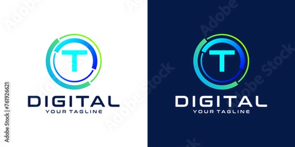 Fototapeta letter T logo design template technology, modern circle logo digital, technology, connection, data, media, circle line