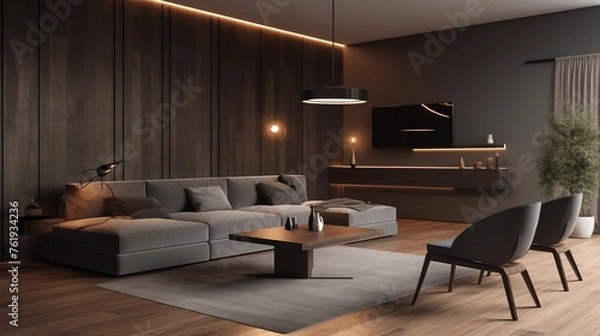 Fototapeta photograph of a modern living room with dark gray and light gray furniture with some wood panels on the wall