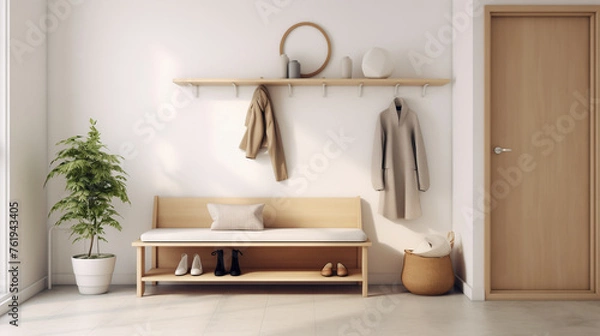 Fototapeta Chic Hallway Interior with Bench, Mirror, and Indoor Plant Decoration