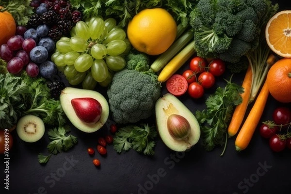 Fototapeta top view assorted colorful fruits and vegetables. background vegetable banner.
