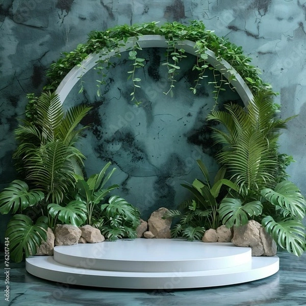 Obraz Contemporary White Podium Stage Rack, circle shape, front view focus with Green Stone and Tropical Leaves Background, perfect, very realistic