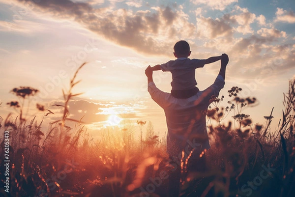 Fototapeta A heartwarming moment as a father carries his son on his shoulders, both enjoying the sunset in a serene field..