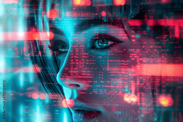 Fototapeta Conceptual image of a woman's face overlaid with glowing binary code, representing artificial intelligence and data analysis..