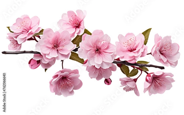 Fototapeta Branch of Pink Flowers With Green Leaves. On a White or Clear Surface PNG Transparent Background.