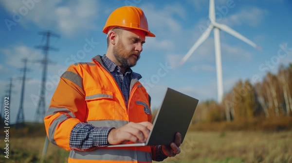 Fototapeta Portrait of Power Engineer at Wind Turbine Field Site, Laptop Work