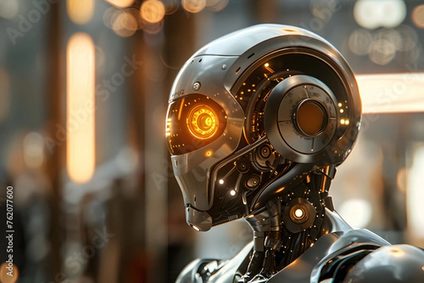 Fototapeta Futuristic Robot with Glowing Eye in a High-Tech Facility Illustration