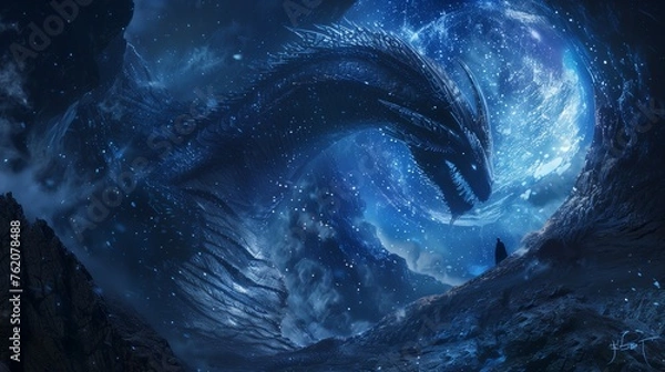 Fototapeta a mythical dragon emerges from the depths of a cavern, its scales gleaming with an otherworldly glow.