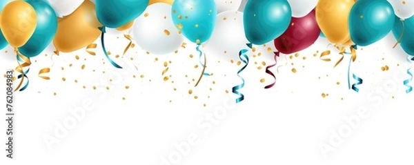 Obraz Festive balloons with ribbons and scattered confetti over white, representing celebration or party