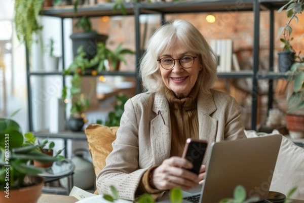 Fototapeta 
Happy blonde retired senior business woman typing on mobile phone at home work table, using software, online application, Internet service for job communication, sitting at laptop, smiling