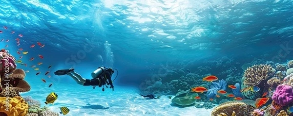 Obraz diver surrounded by tropical fish in a colorful and healthy underwater coral ecosystem
