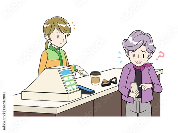 Obraz レジでスマホ決済にまごつきあせるシニア女性