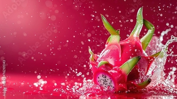 Fototapeta Water splashing on Ripe pitahaya fruit or dragon fruit with half isolated on red background,Generative ai, 